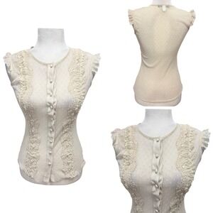 Vtg 90s Y2K Womens Lace Mesh Fitted Layering Top XS Button Front Romantic Coquet